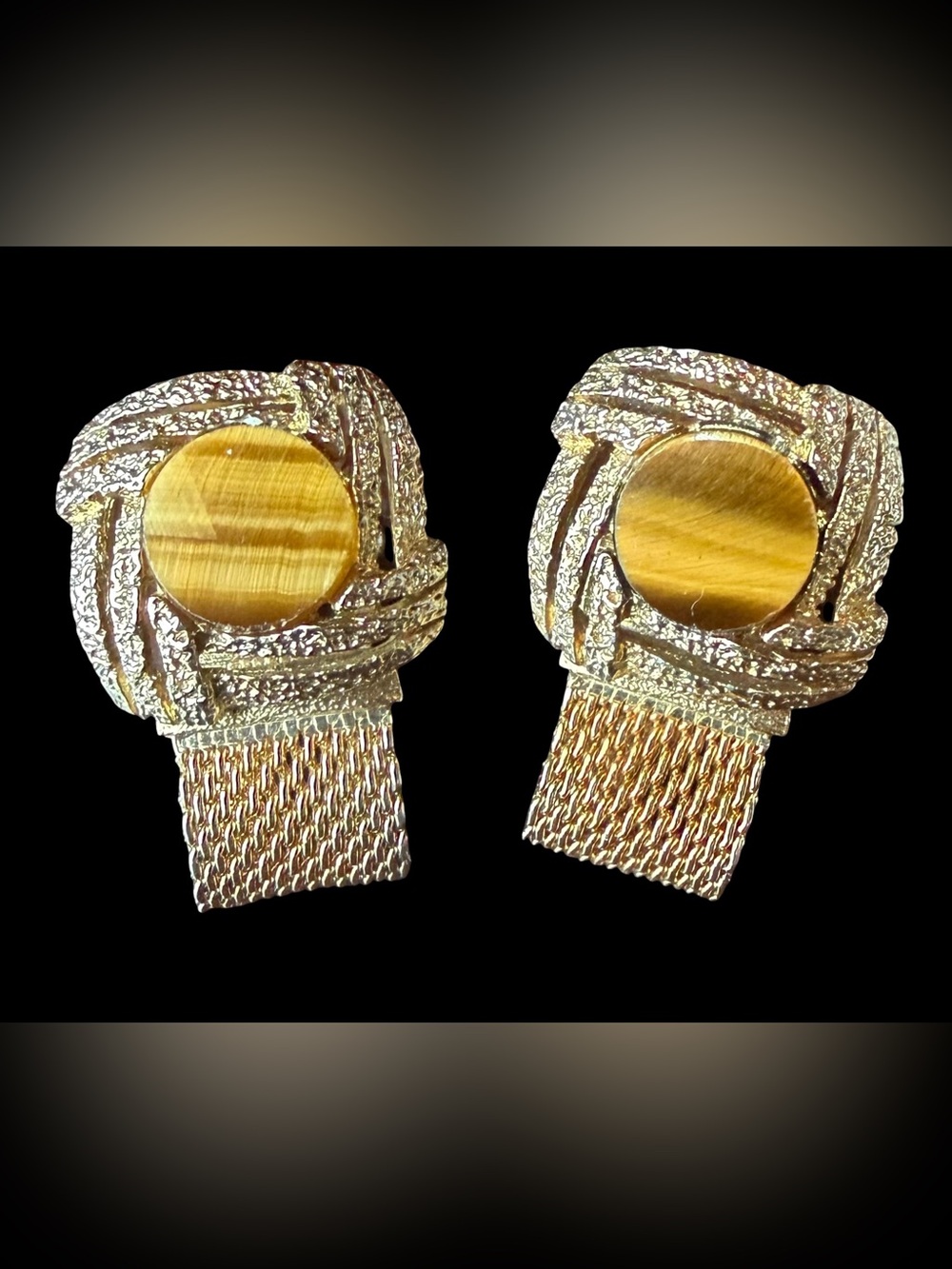 Mid Century Vintage Cuff Links w/ Tiger Eye Gemstones & Mesh Band